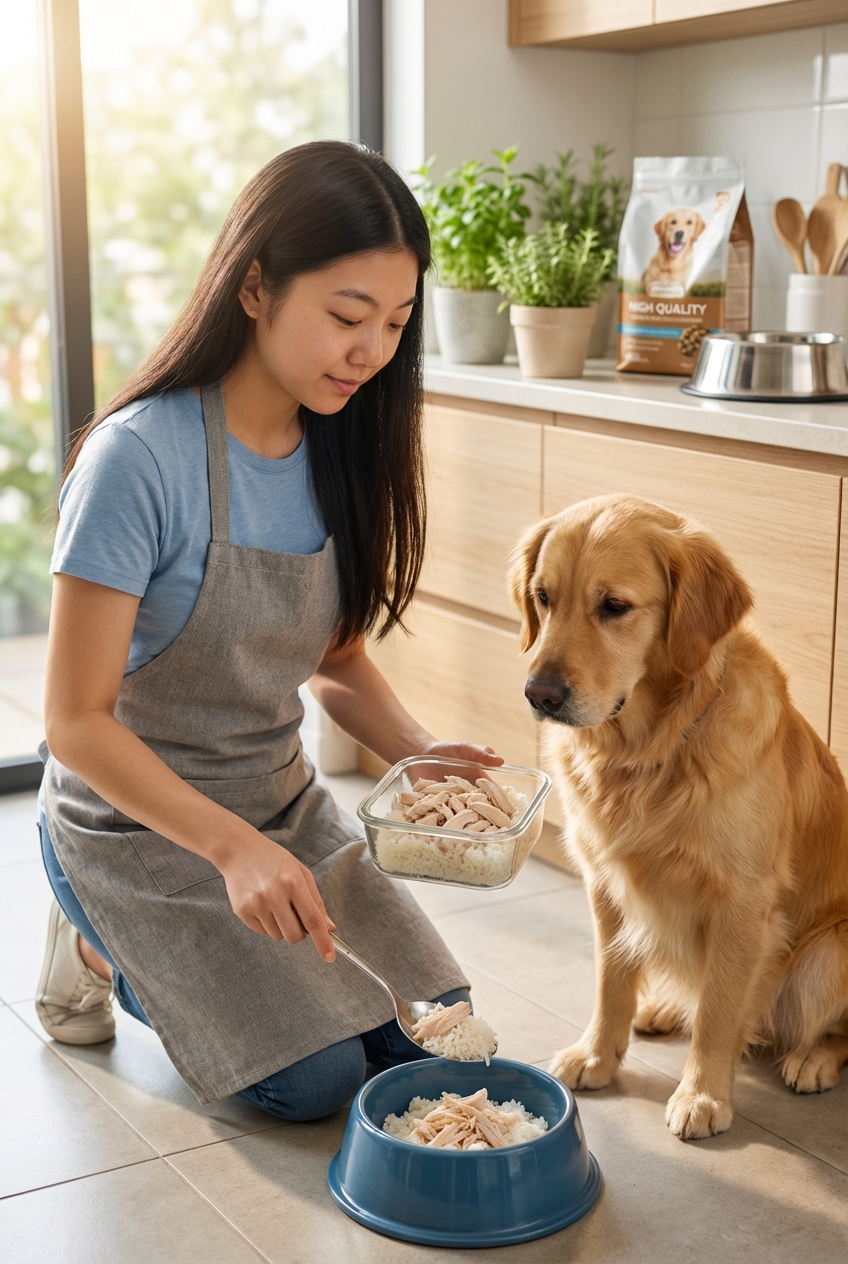 A person spooning a small portion of plain chicken and rice into a dog bowl in a bright kitchen
