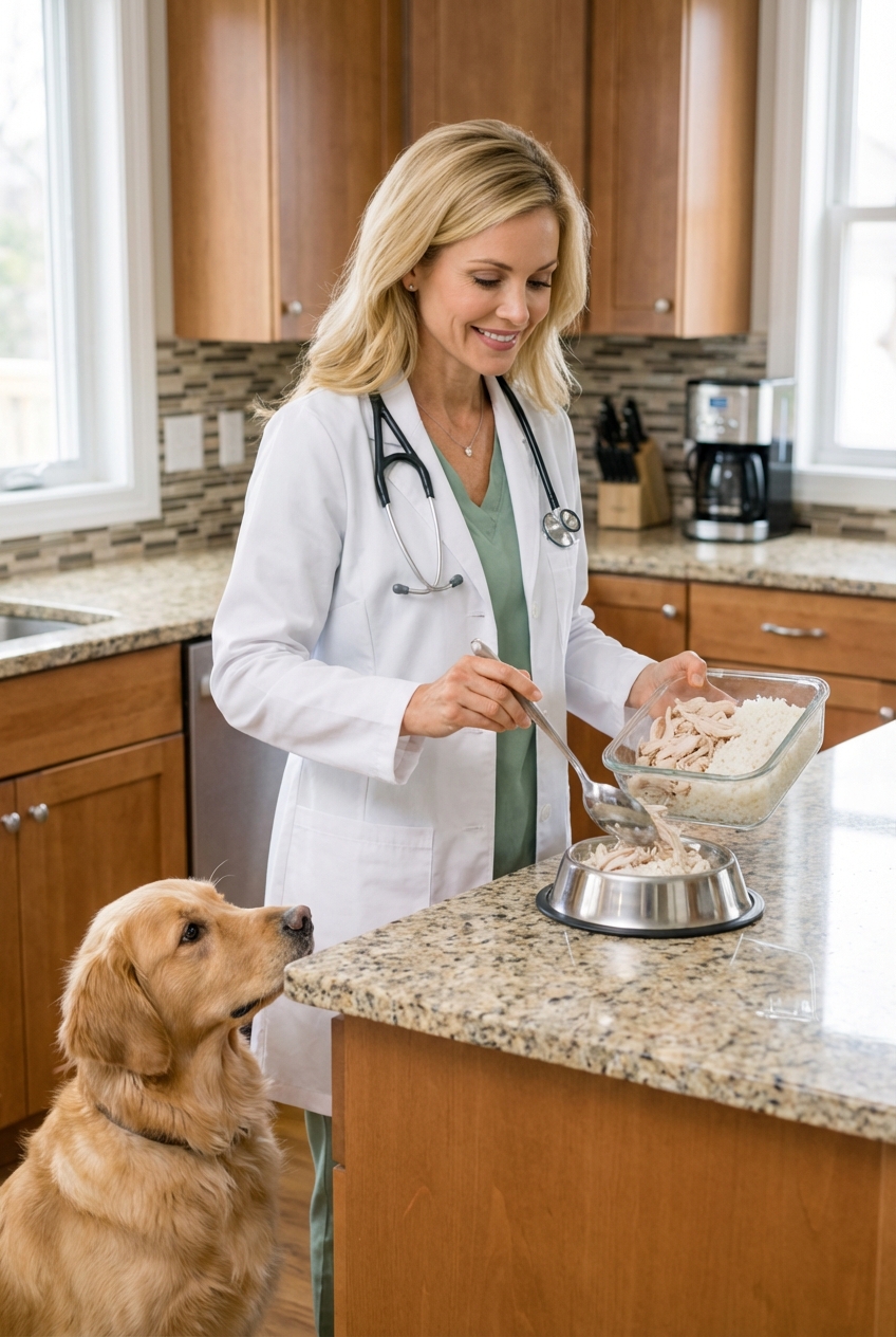 A person spooning plain boiled chicken and white rice into a dog bowl on a kitchen counter