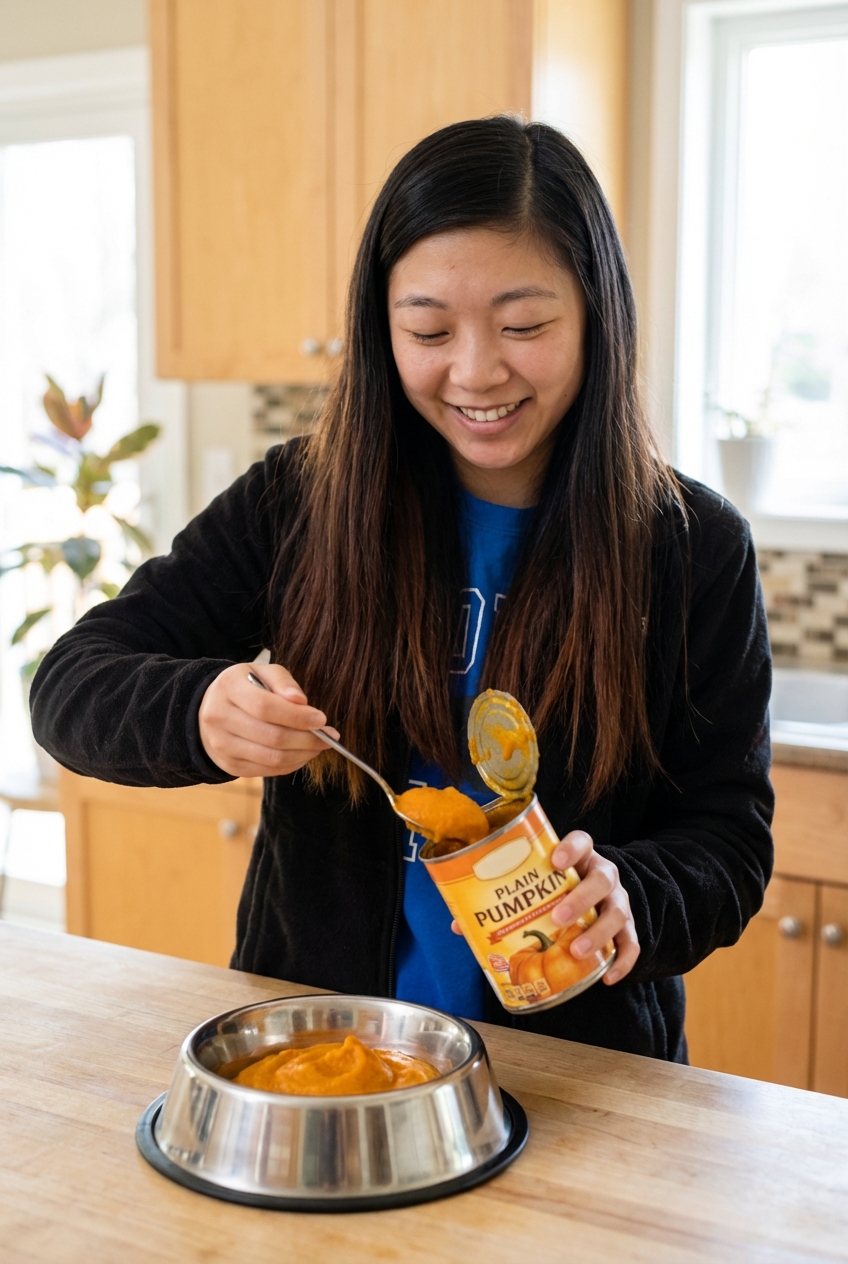 A person spooning plain canned pumpkin into a dog bowl on a kitchen counter