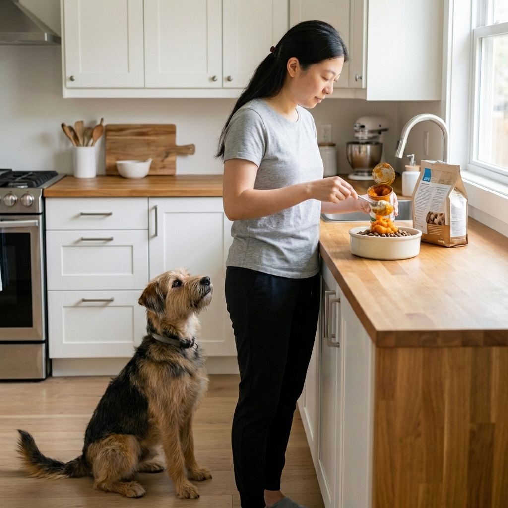 A person spooning plain canned pumpkin onto a dog’s food in a ceramic bowl