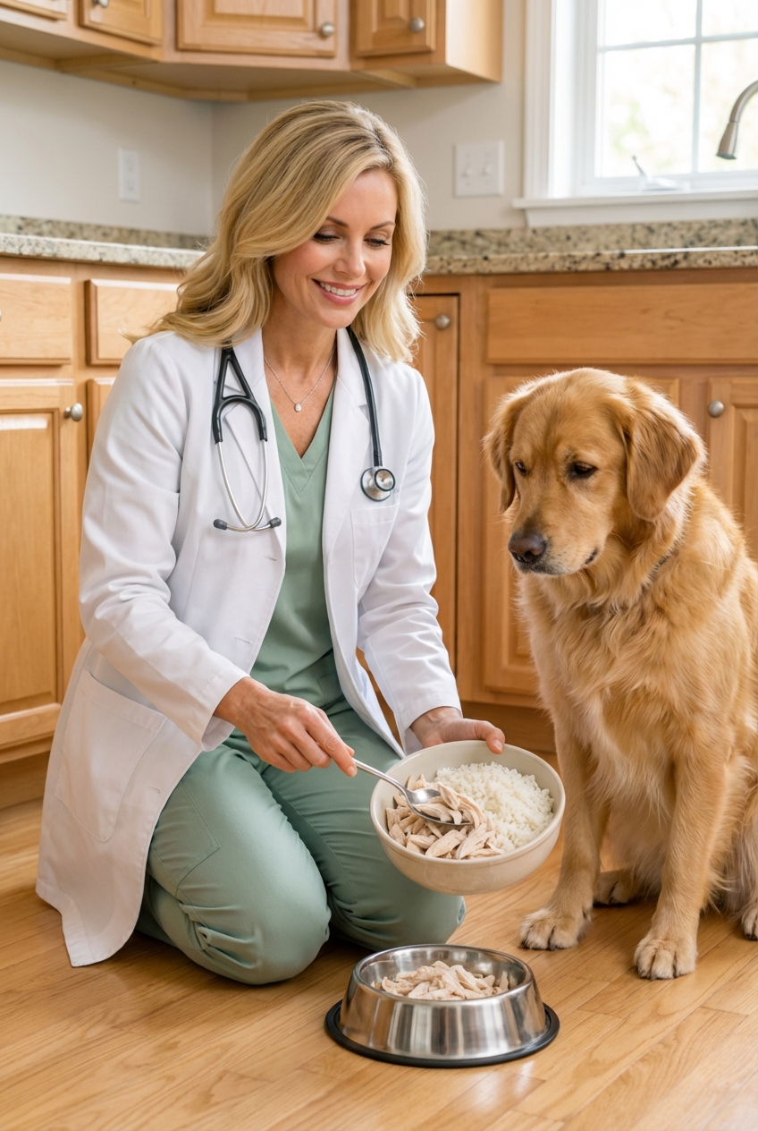 A person spooning plain shredded chicken and cooked white rice into a dog bowl on a kitchen floor