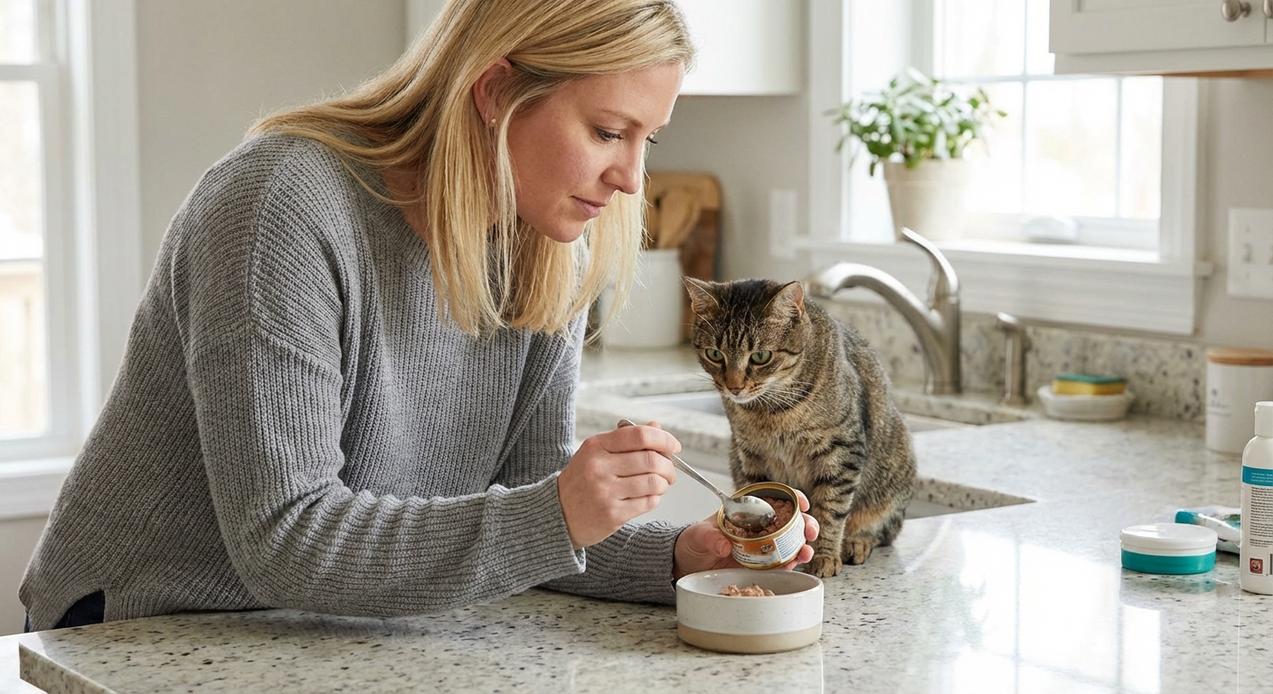 A person spooning wet cat food into a bowl on a clean kitchen counter
