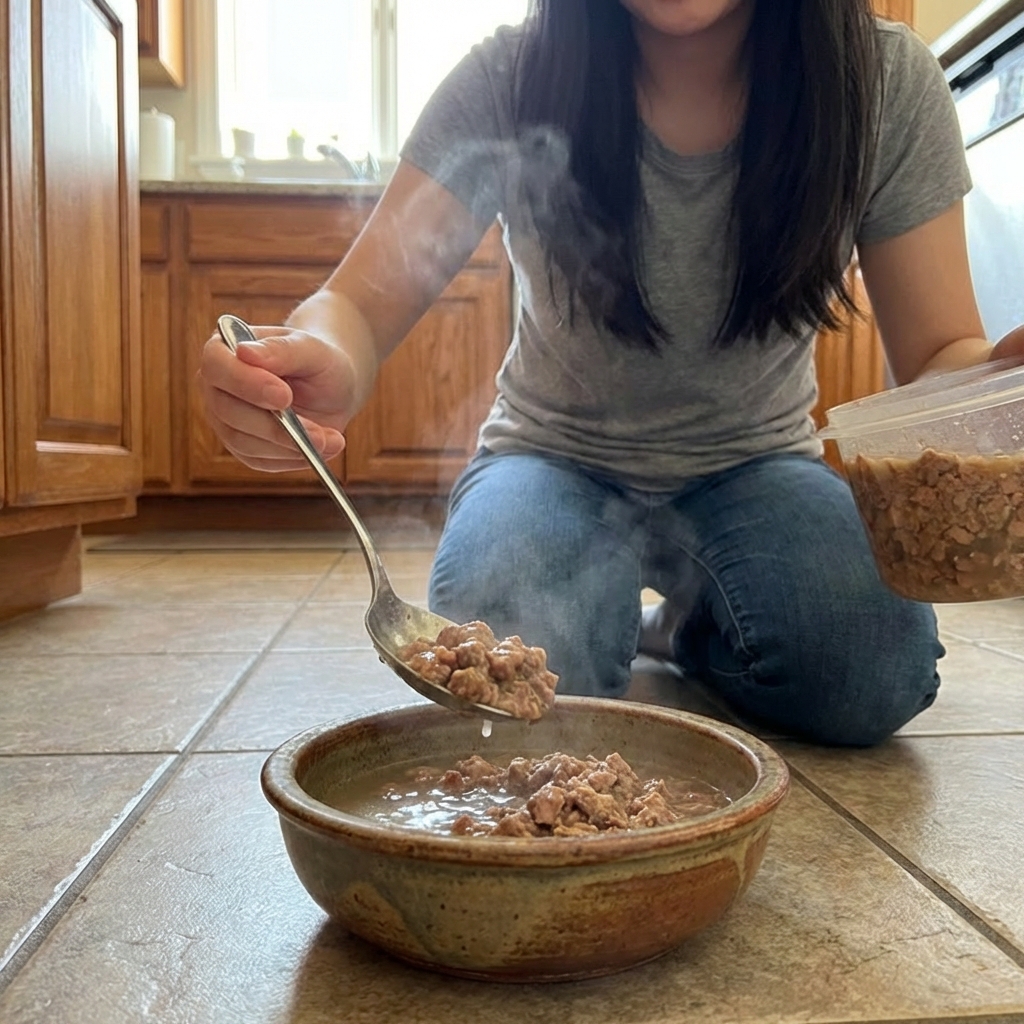 A person spooning wet dog food mixed with warm water into a ceramic bowl on a kitchen floor