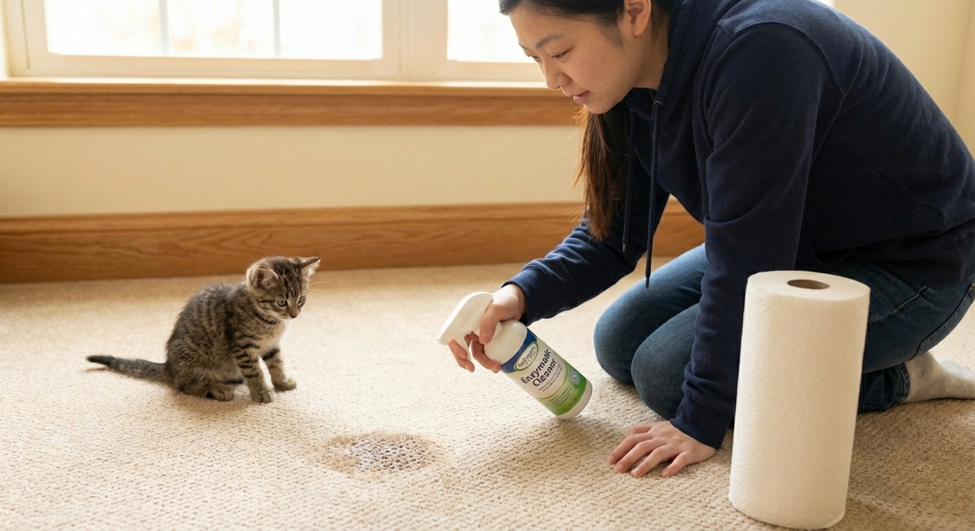 A person spraying enzymatic cleaner on a small spot on carpet beside a paper towel roll
