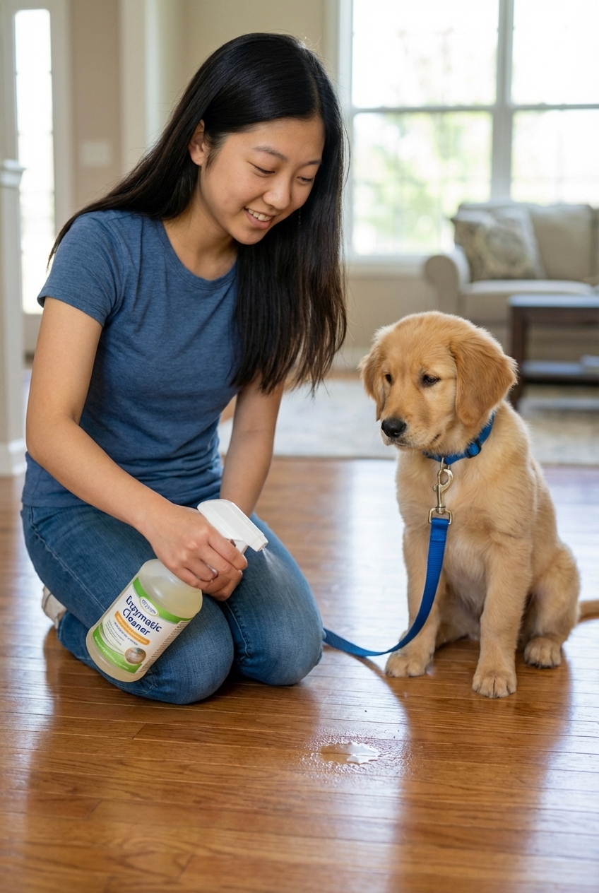 A person spraying enzymatic cleaner on a small spot on a hardwood floor next to a puppy