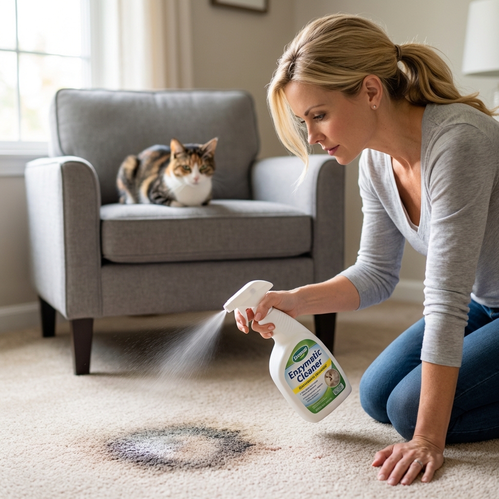 A person spraying enzymatic cleaner onto a carpet stain with a pet cat watching from a distance