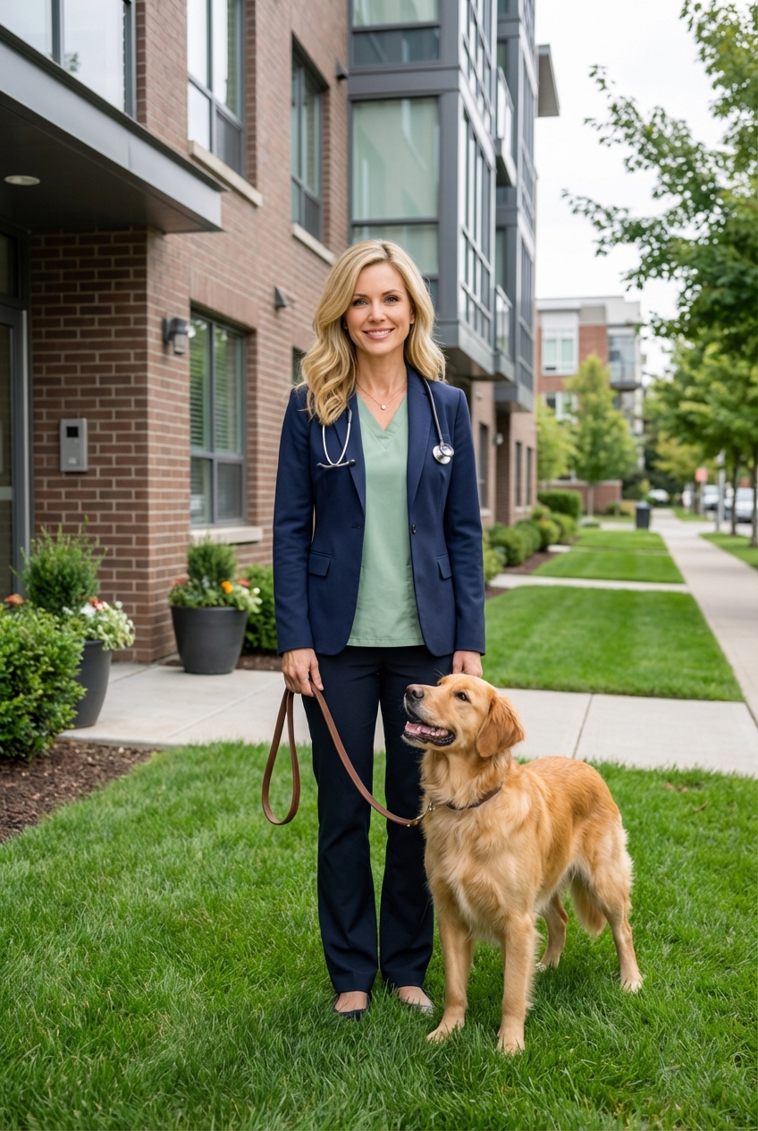 A person standing quietly with a leashed dog on a small patch of grass outside an apartment building