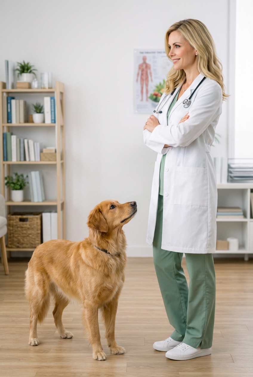 A person standing sideways with arms folded while a dog keeps four paws on the floor indoors