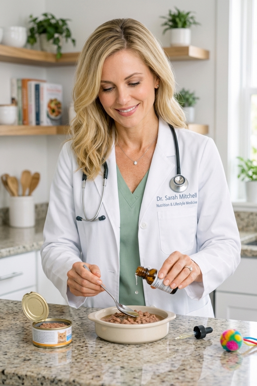 A person stirring a measured liquid supplement into a small dish of wet cat food on a kitchen counter, realistic photography style