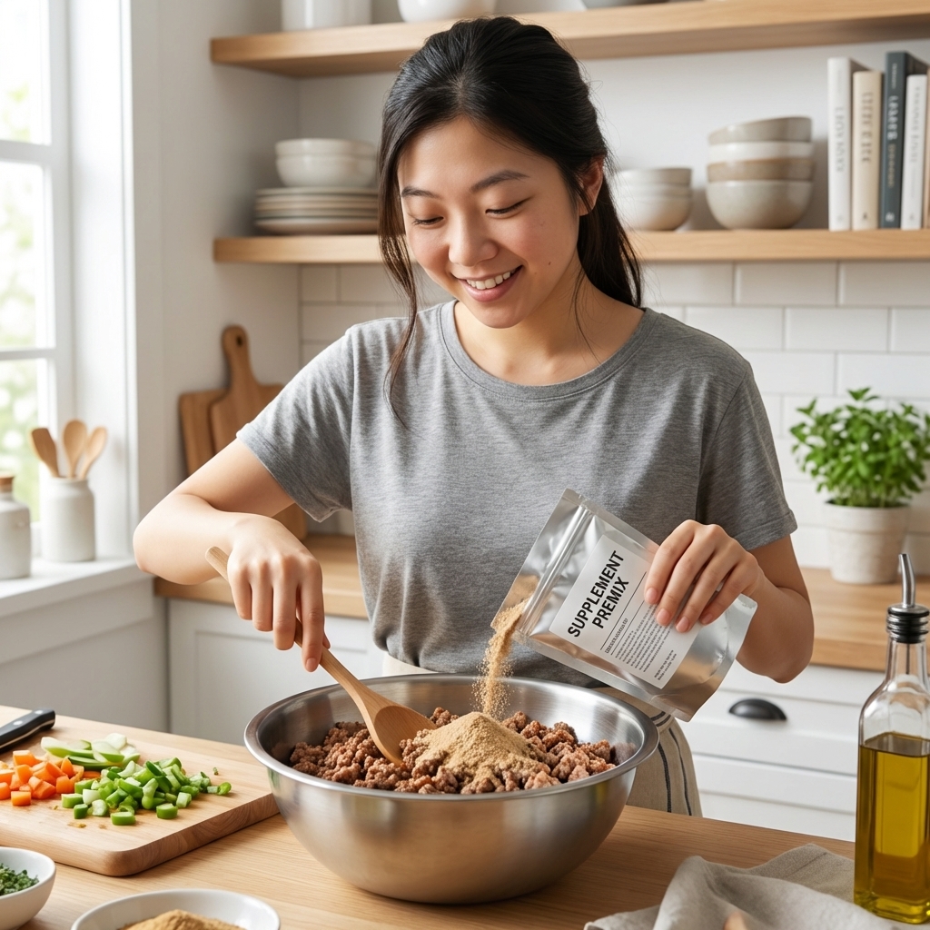 A person stirring cooked ground turkey and a supplement premix into a large stainless steel mixing bowl