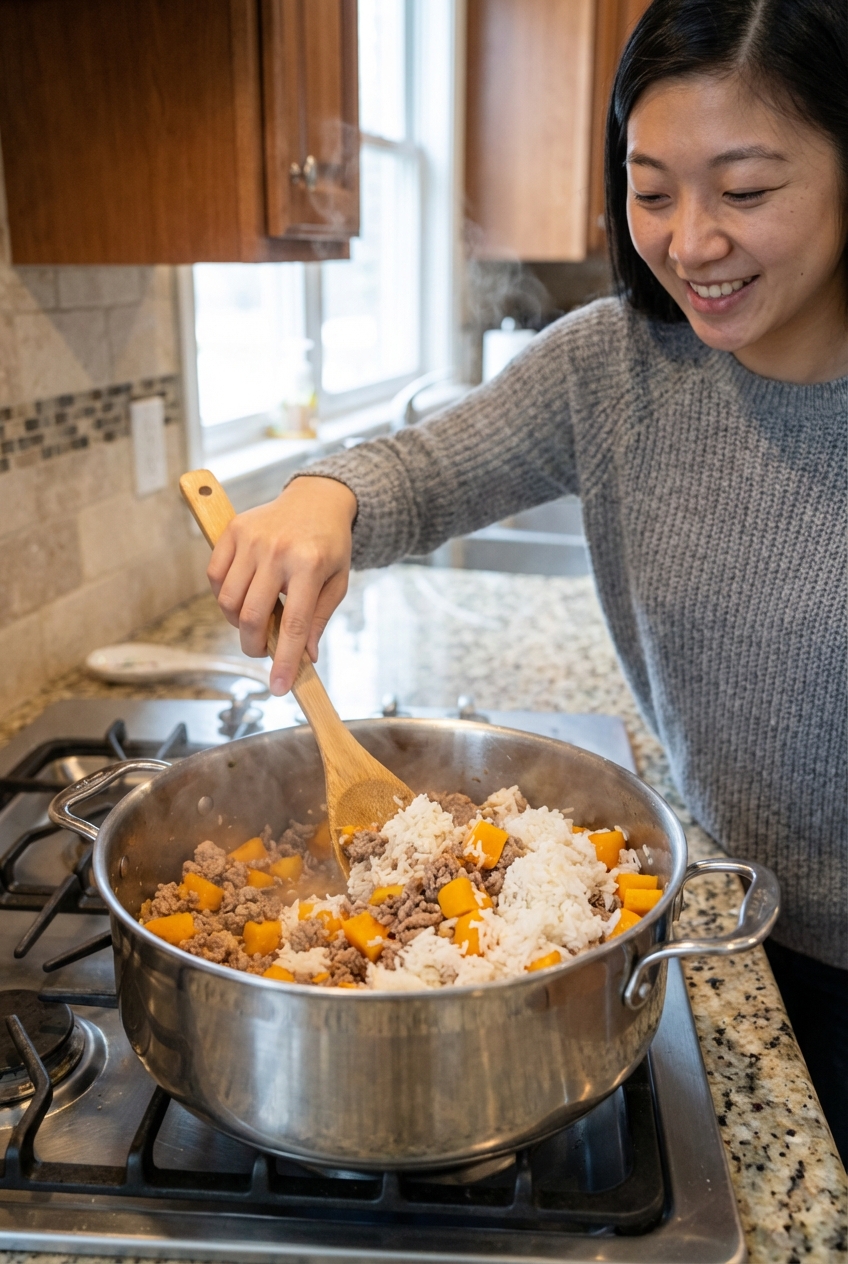 A person stirring cooked ground turkey, pumpkin, and rice in a pot on a stovetop