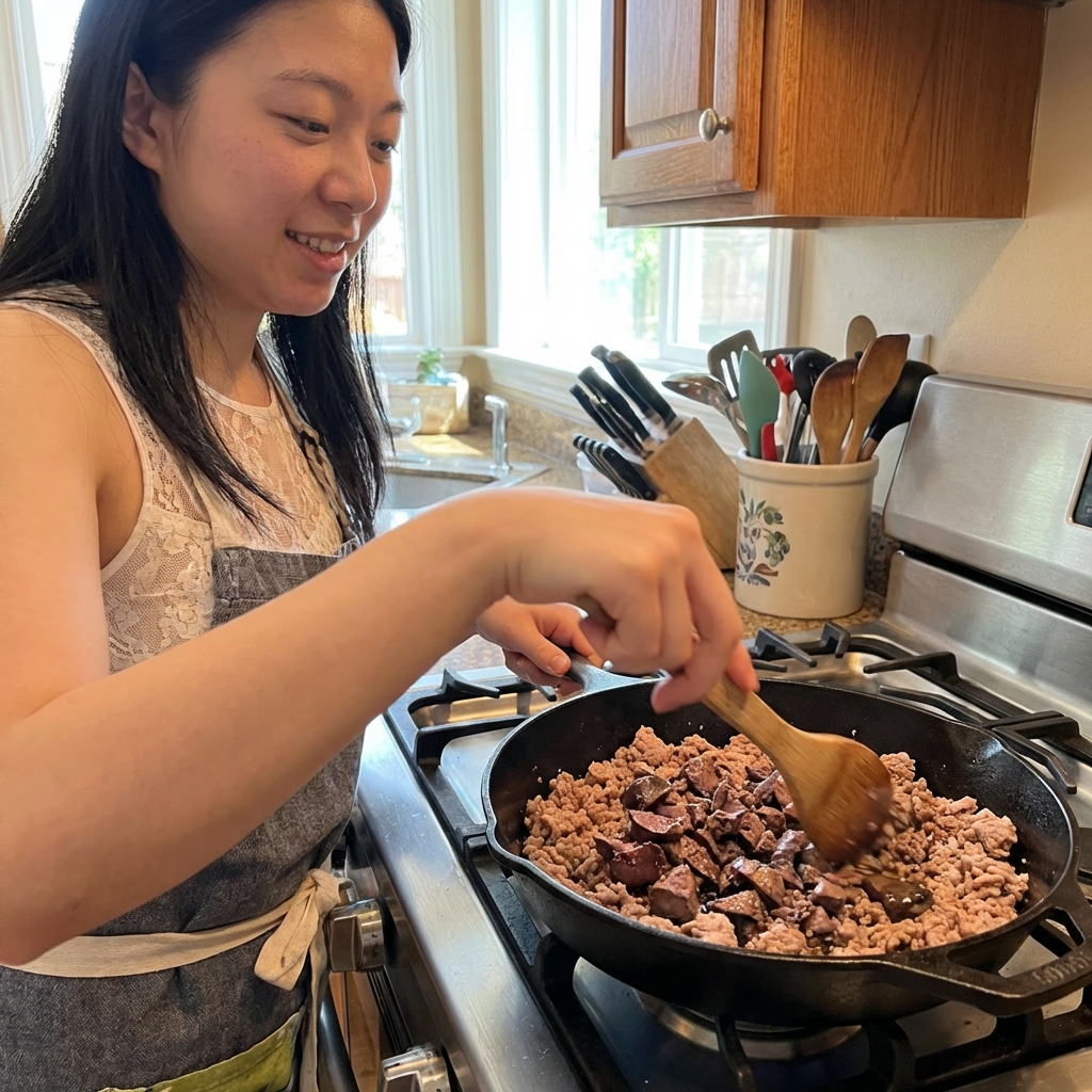 A person stirring ground turkey and chopped cooked liver in a skillet on a stovetop