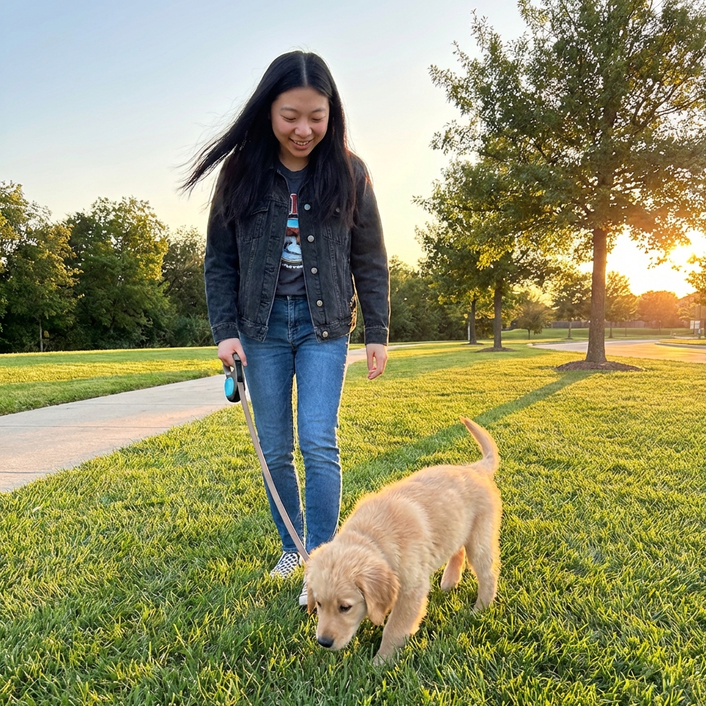 A person taking a young puppy outside on a leash in the evening near a grassy potty area