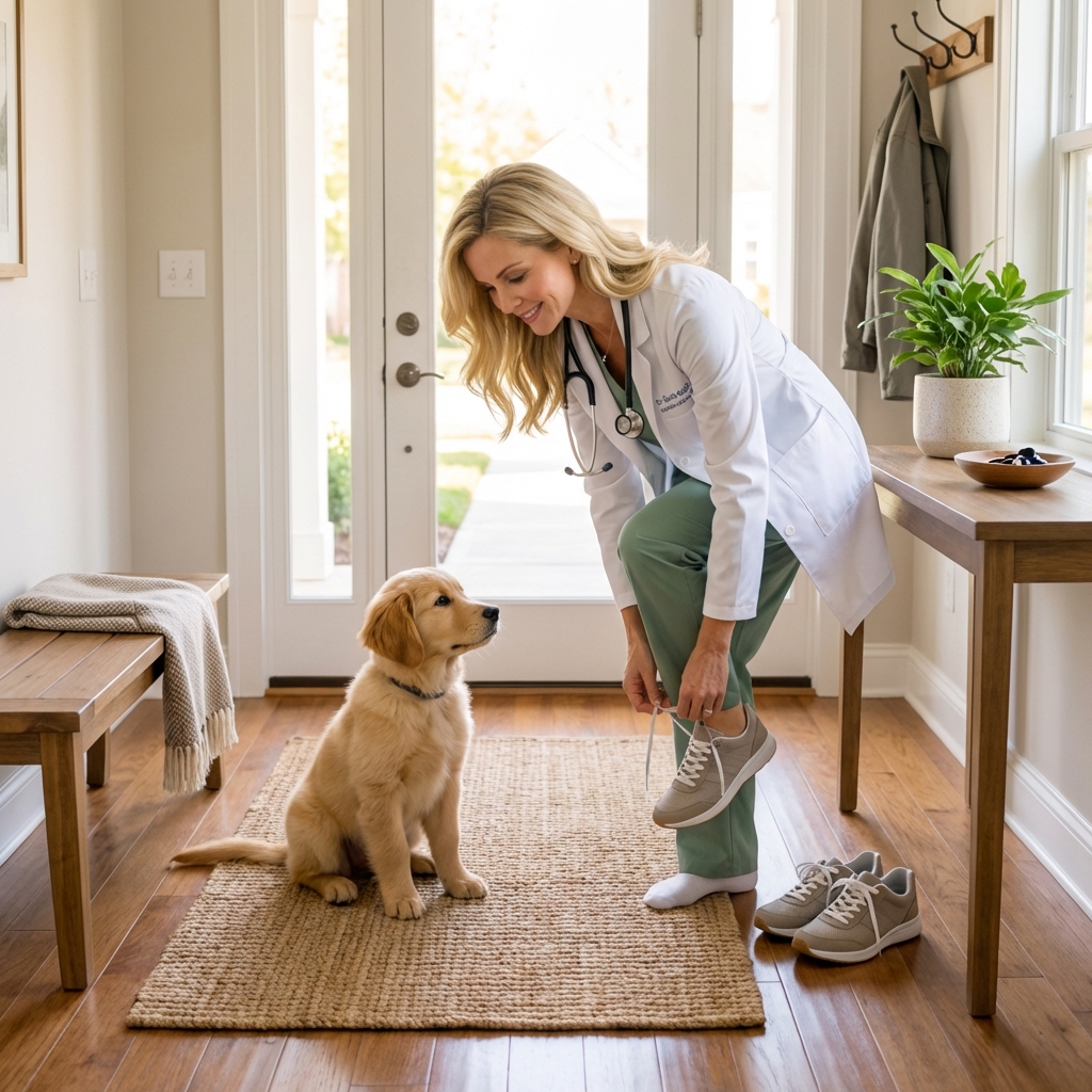 A person taking off shoes near a clean entryway while a puppy waits nearby