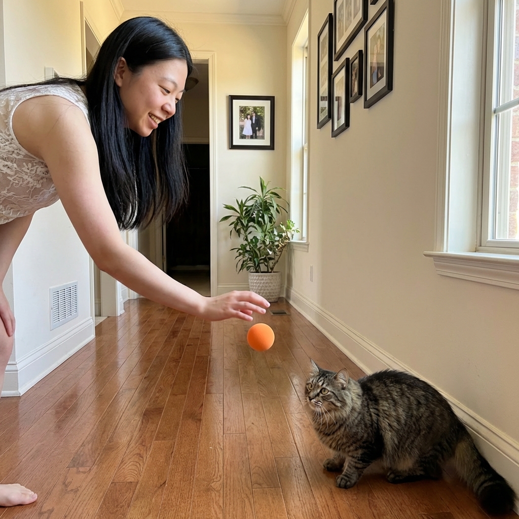 A person tossing a small soft ball down a hallway while a cat watches with focused attention
