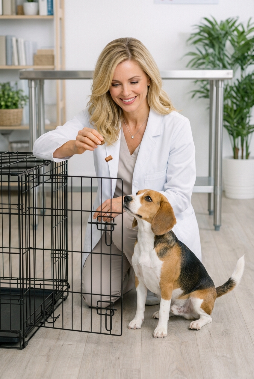 A person tossing a small treat into an open wire crate while a small dog watches with interest