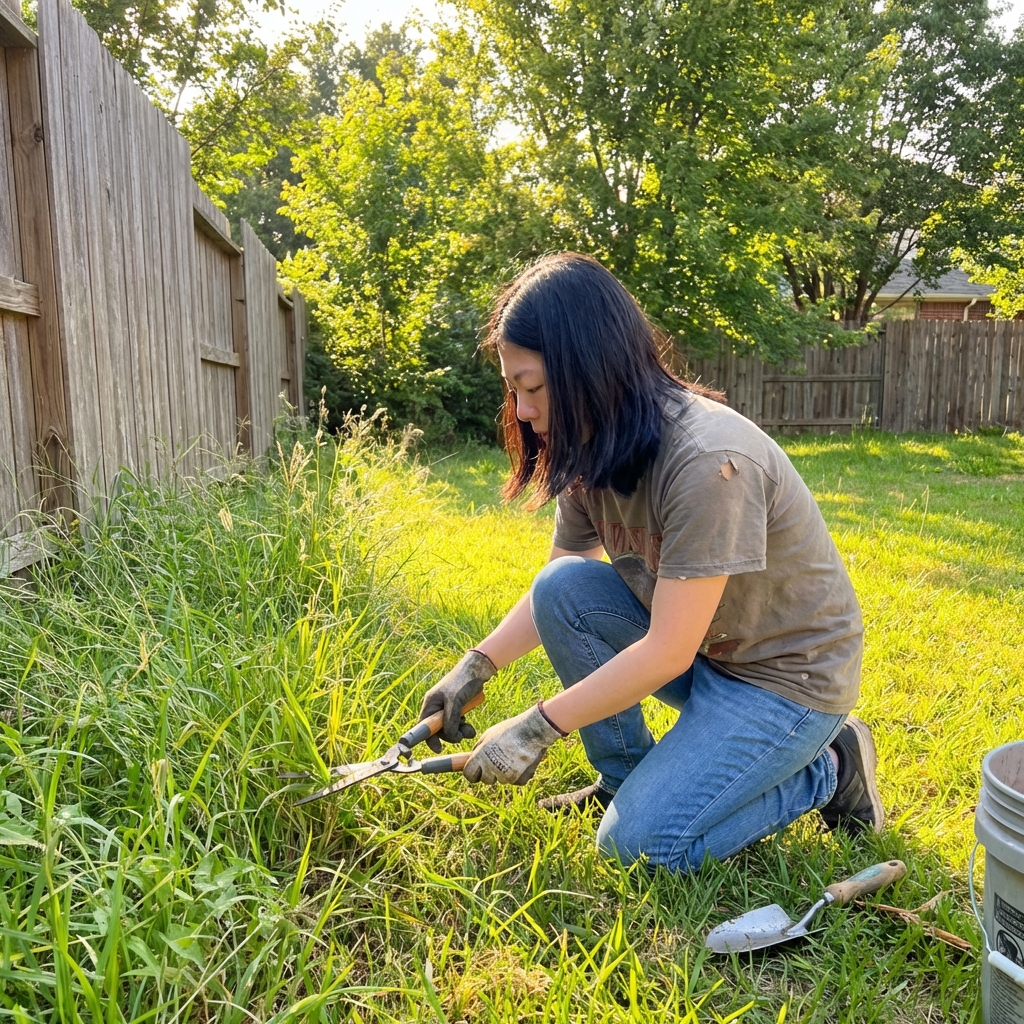 A person trimming tall grass in a sunny backyard