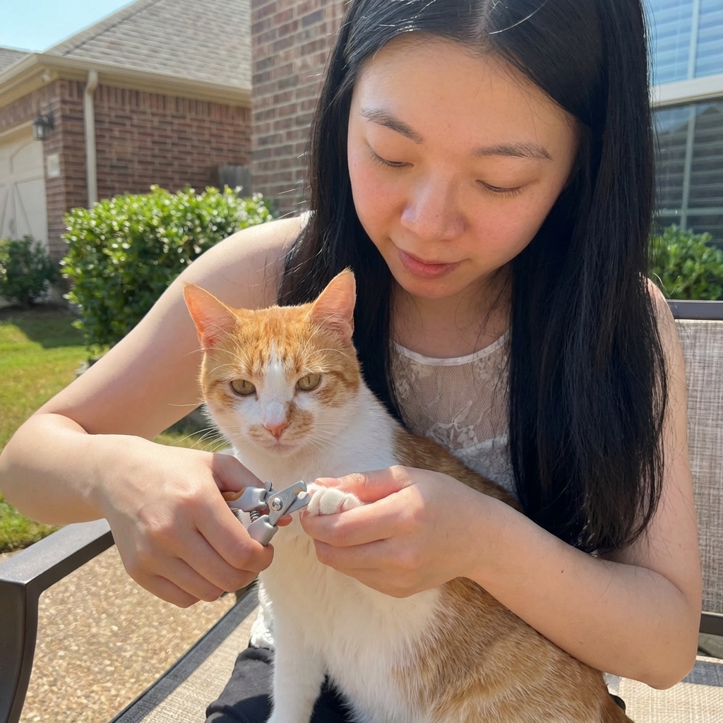 A person trimming the tip of a cat’s claw with small pet nail clippers in bright natural light
