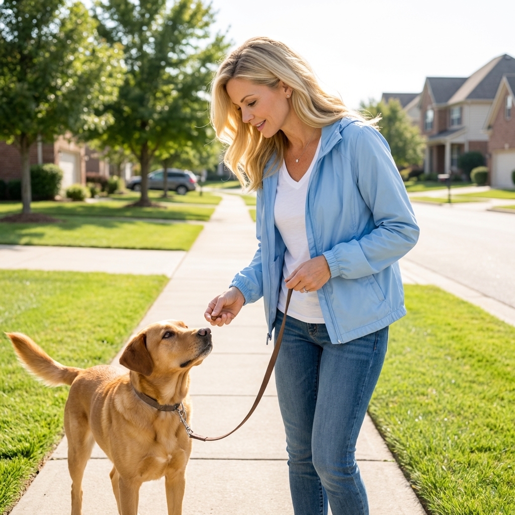 A person turning around with a leashed dog while offering a treat on a suburban sidewalk, the dog following with relaxed body language, realistic photo
