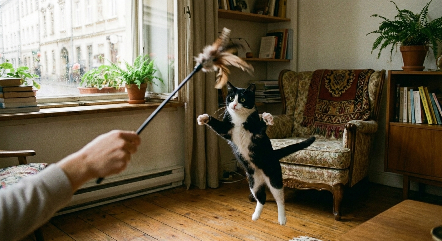 A person using a feather wand toy to play with a black and white cat in a living room