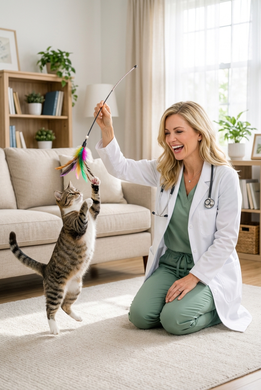 A person using a feather wand toy to play with a cat in a living room