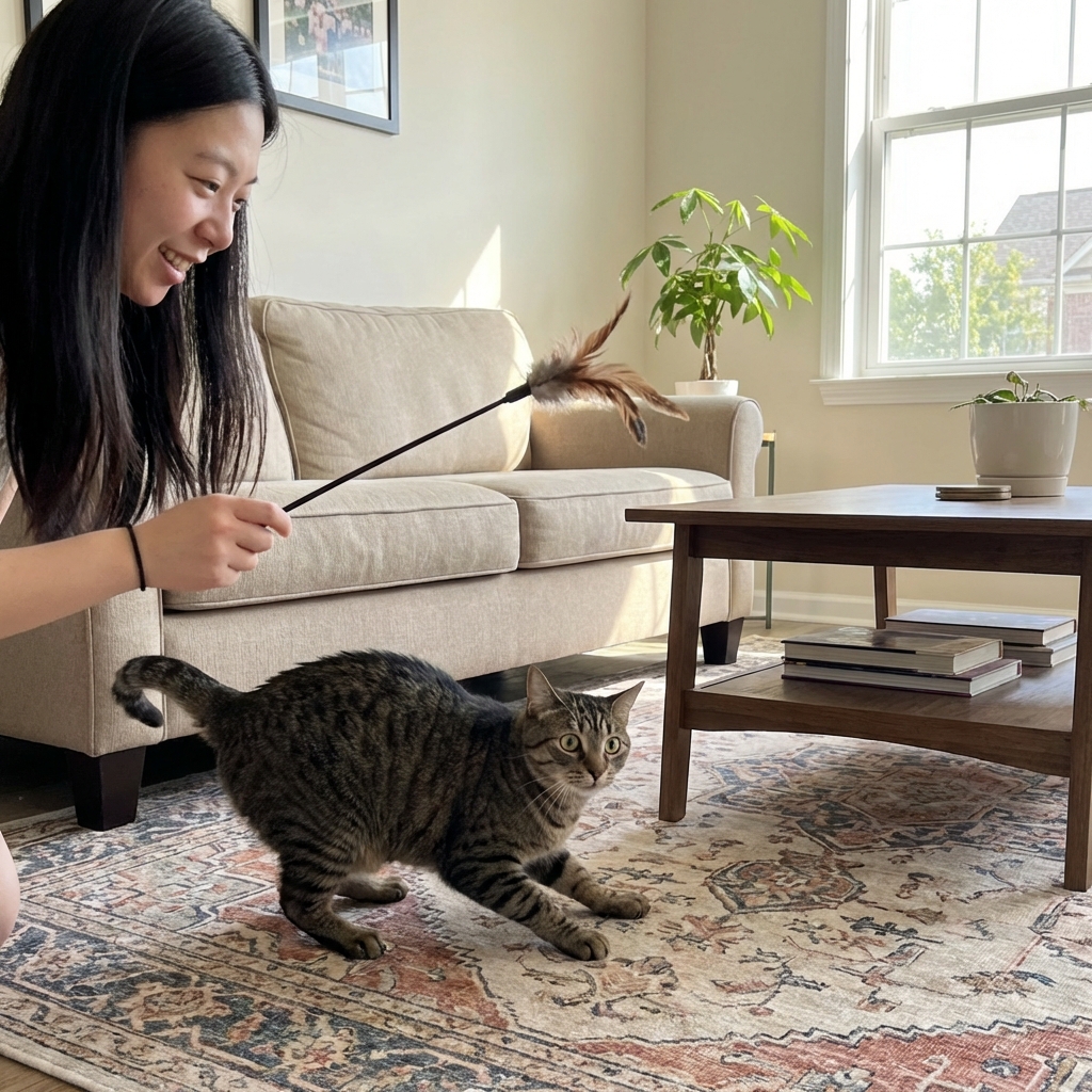 A person using a feather wand toy to play with a cat in a living room while the cat crouches and prepares to pounce