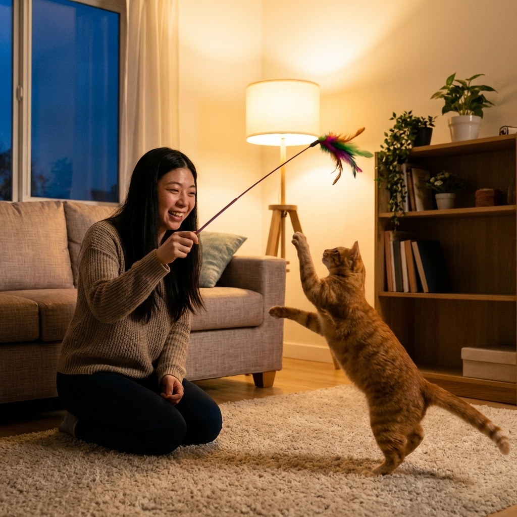 A person using a feather wand toy to play with an orange cat in a living room during the evening