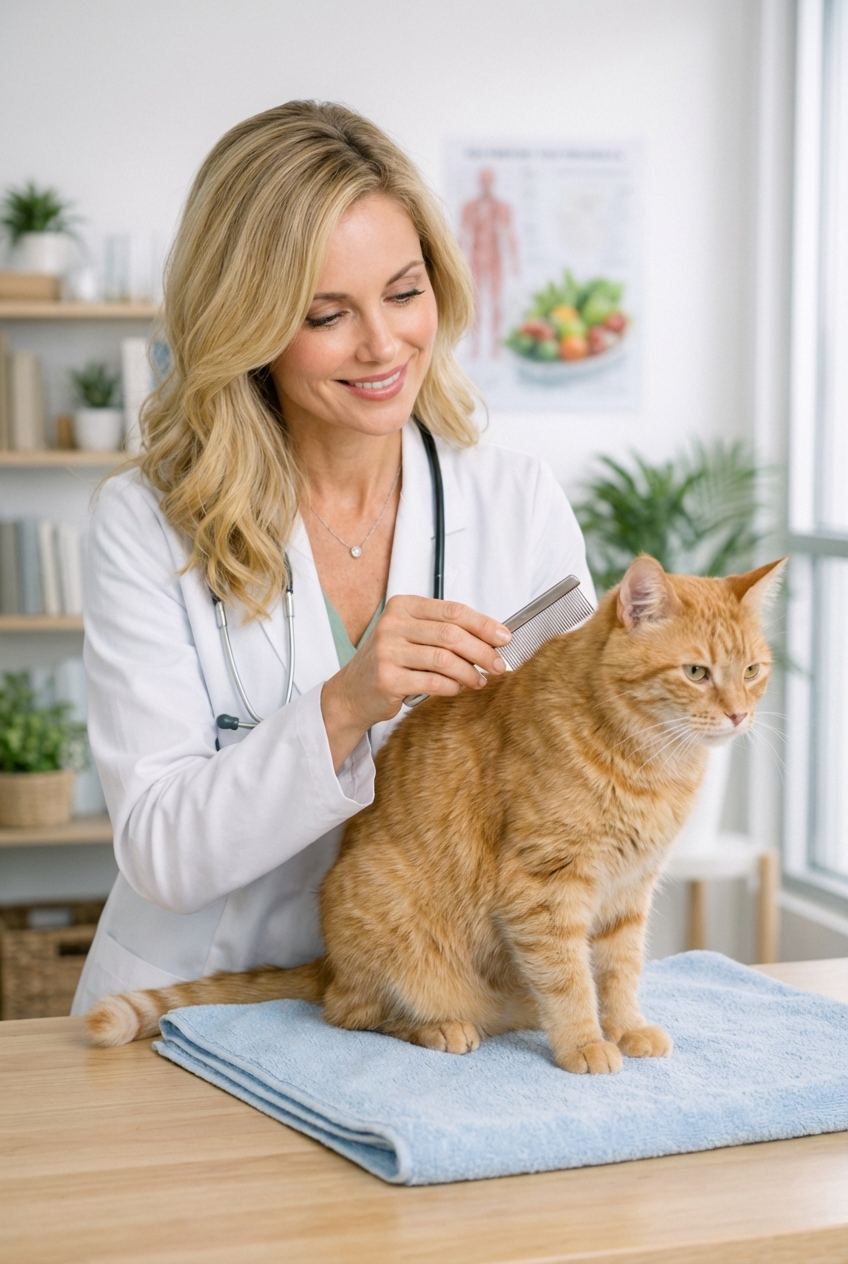 A person using a fine-toothed flea comb on a calm cat while the cat sits on a towel