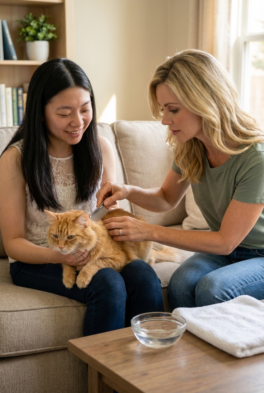 A person using a fine-toothed flea comb to groom an orange cat on a couch