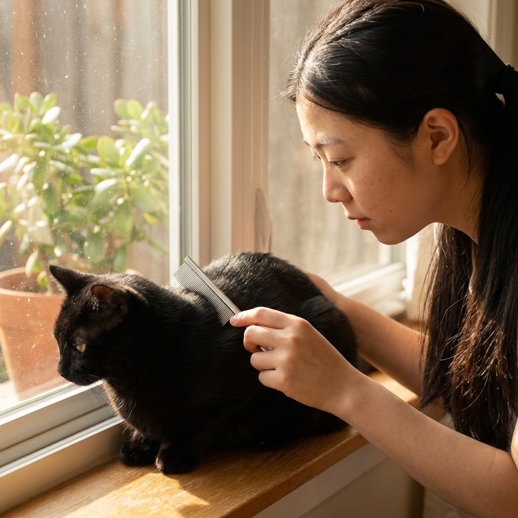 A person using a flea comb on a black cat's back near a sunny window