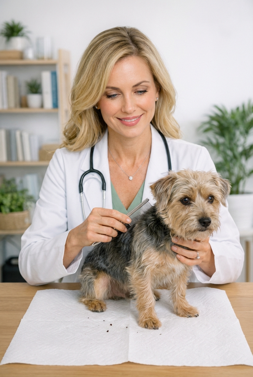 A person using a flea comb on a dog over a white paper towel