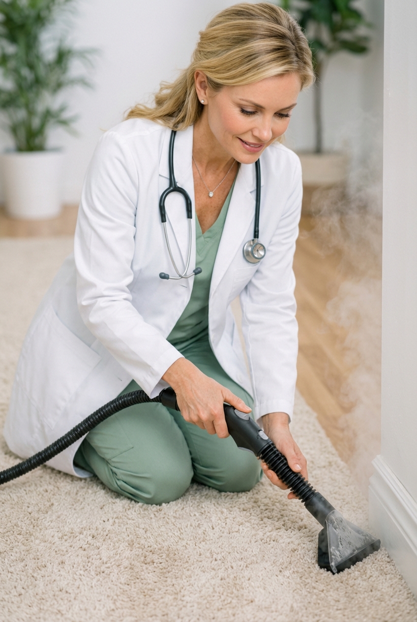 A person using a steam cleaner wand on a beige carpet near a baseboard