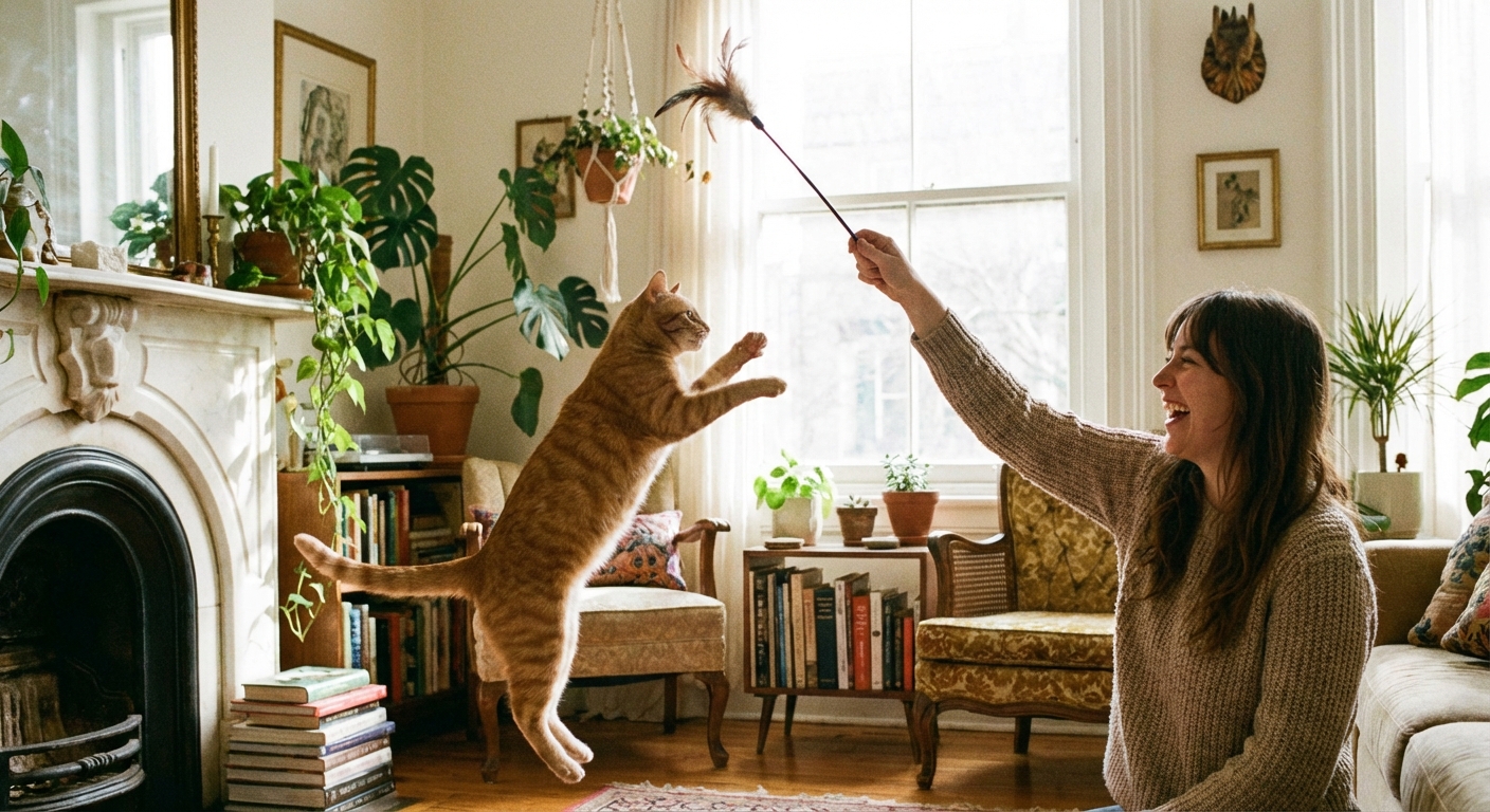 A person using a wand toy to play with a cat in a living room