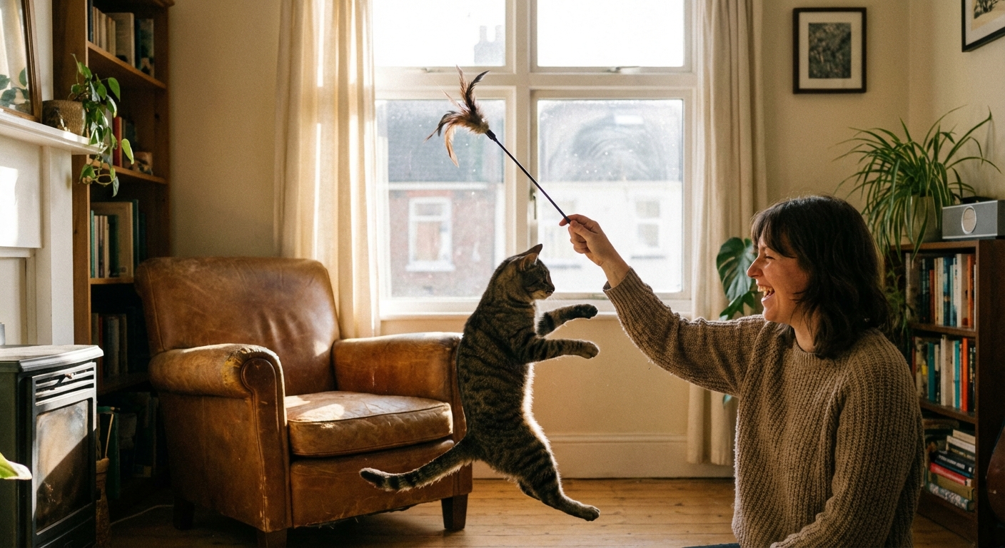 A person using a wand toy to play with a cat in a living room with sunlight coming through a window