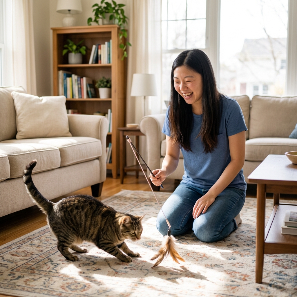 A person using a wand toy to play with a cat in a living room while the cat crouches and focuses on the toy
