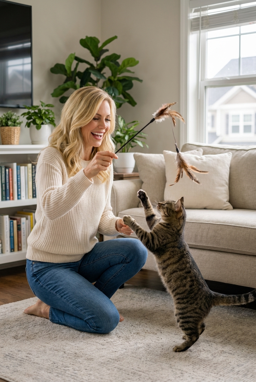 A person using a wand toy to play with a cat in a living room