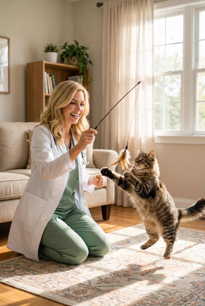 A person using a wand toy while a playful cat pounces on it in a bright living room