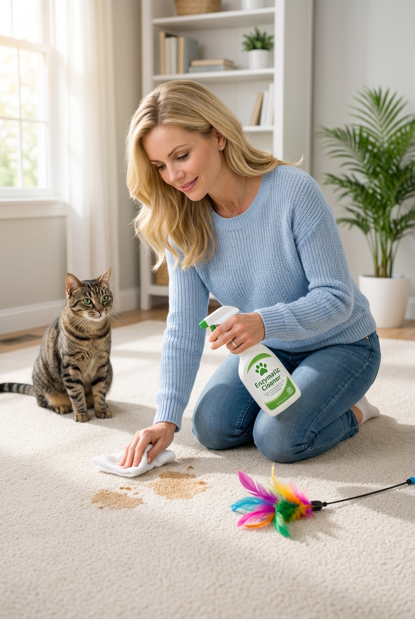 A person using an enzymatic cleaner on a carpet spot near a cat toy