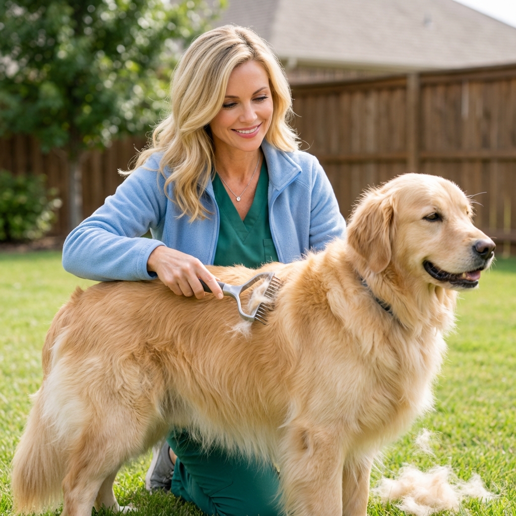 A person using an undercoat rake to brush a fluffy double-coated dog outdoors
