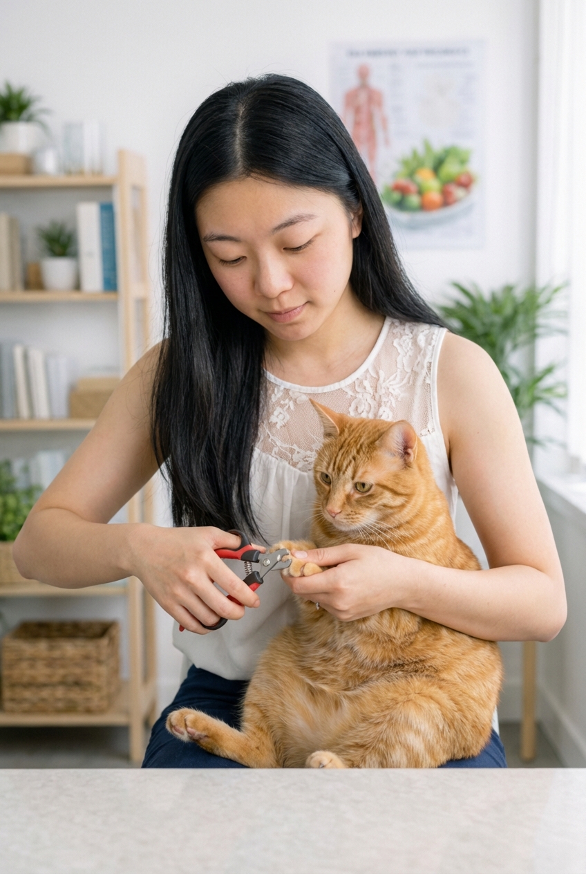 A person using small cat nail clippers to trim just the sharp tip of a cat’s extended claw in a well-lit room