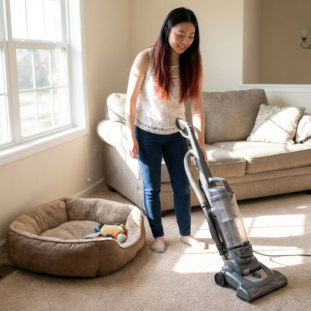A person vacuuming a carpet near a dog bed in a bright home