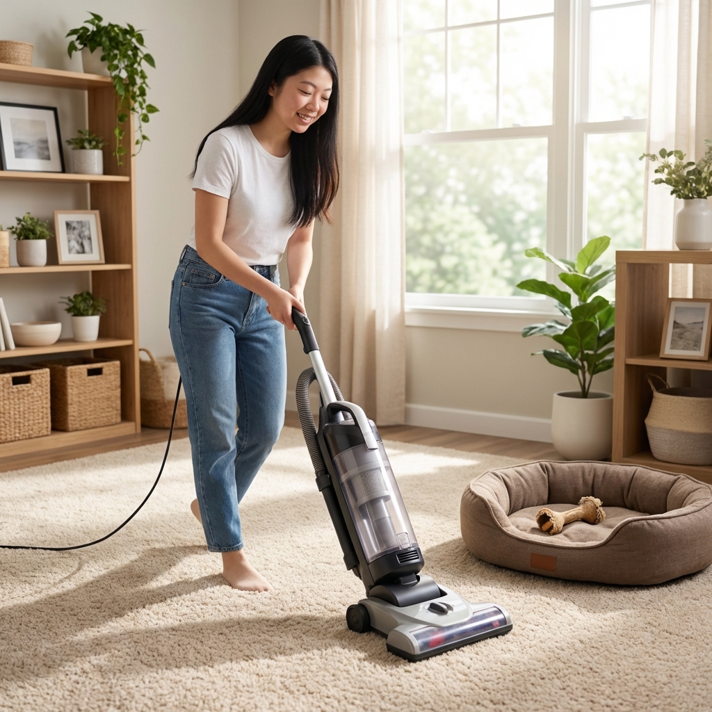A person vacuuming a carpeted living room floor near a dog bed