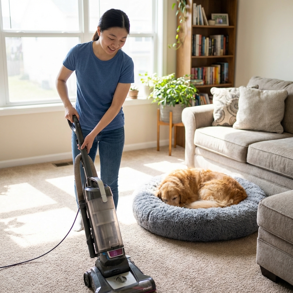 A person vacuuming a carpeted living room while a dog rests on a nearby pet bed