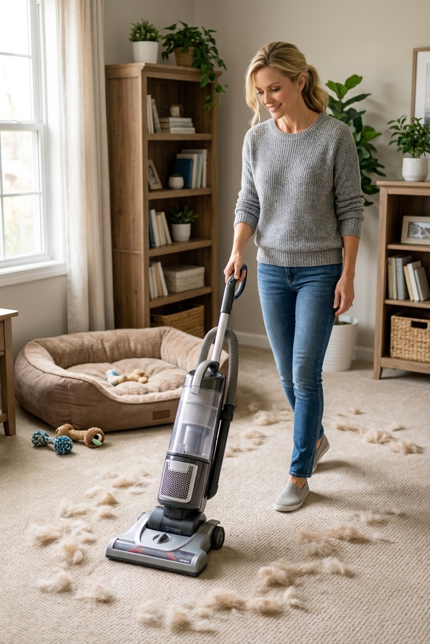A person vacuuming a living room carpet with visible pet hair near a dog bed in the corner, natural indoor photography style