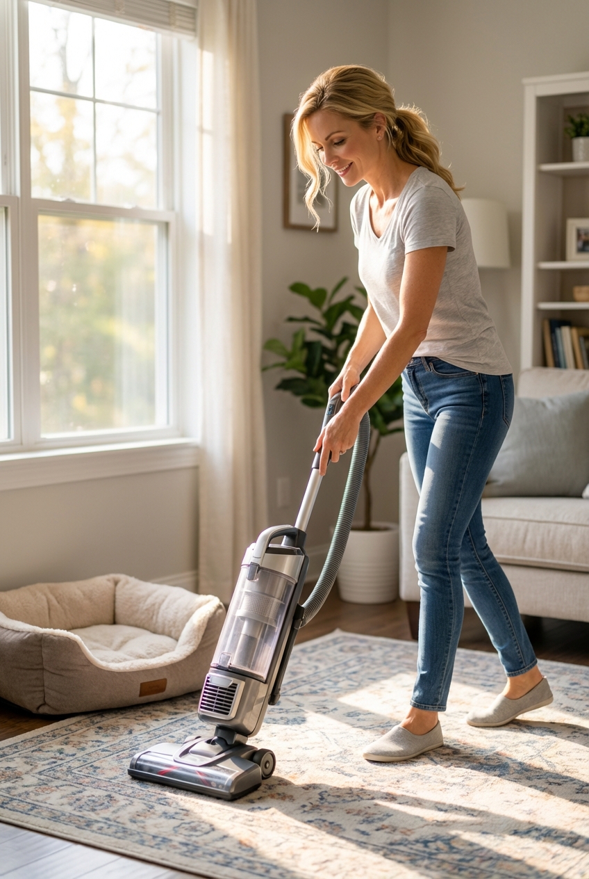 A person vacuuming a living room rug near a cat bed in bright natural light