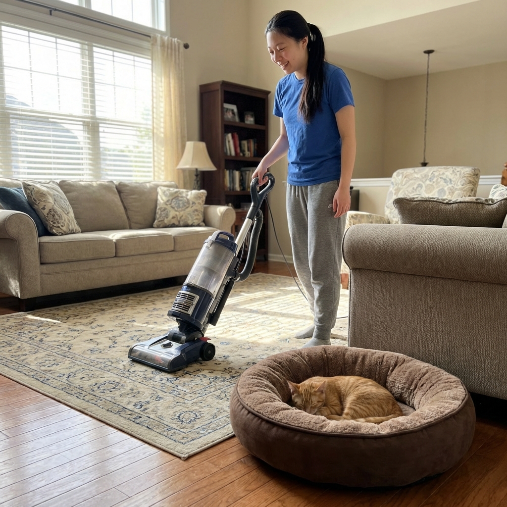 A person vacuuming a living room rug near a pet bed