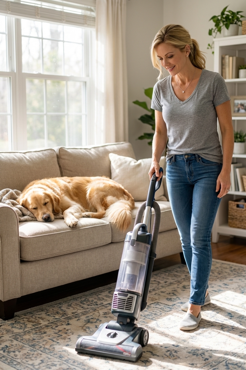 A person vacuuming a living room rug while a dog rests on a nearby couch