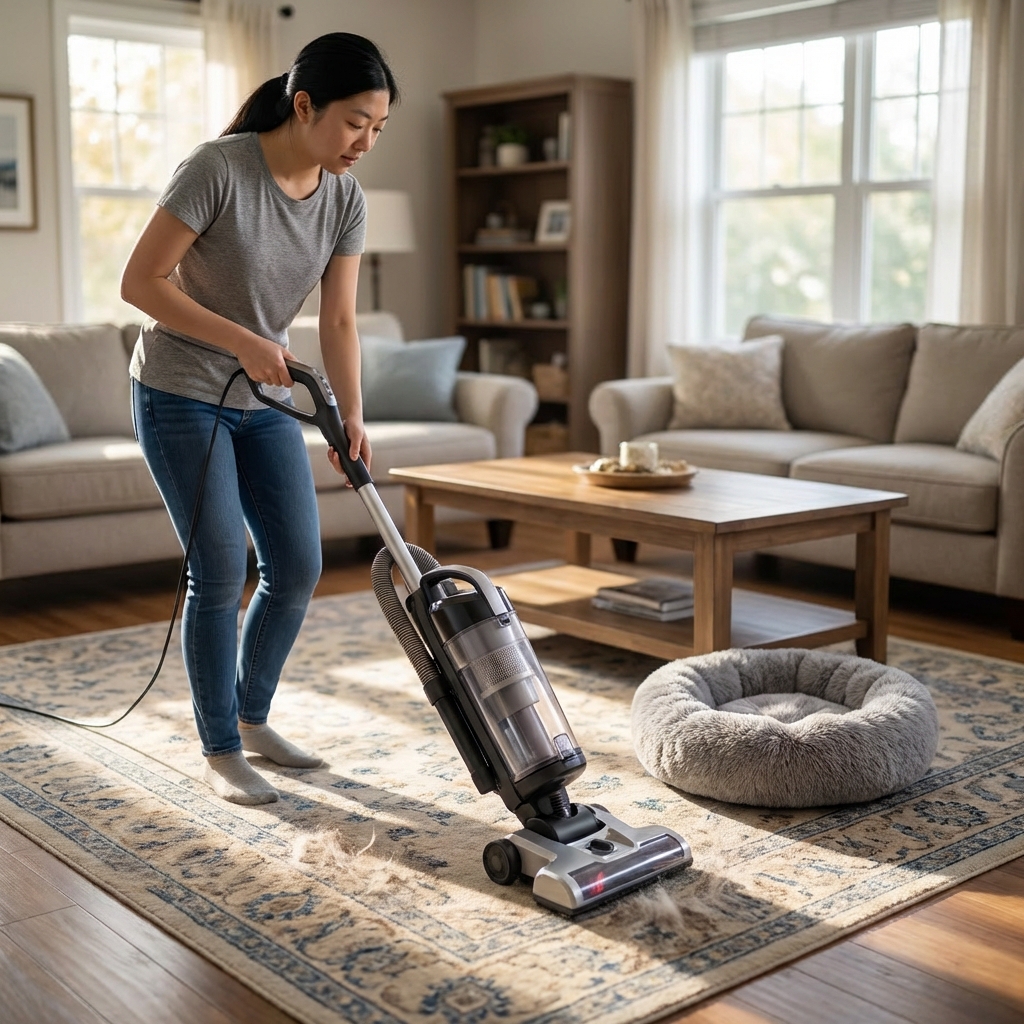 A person vacuuming a living room rug with a cat bed nearby