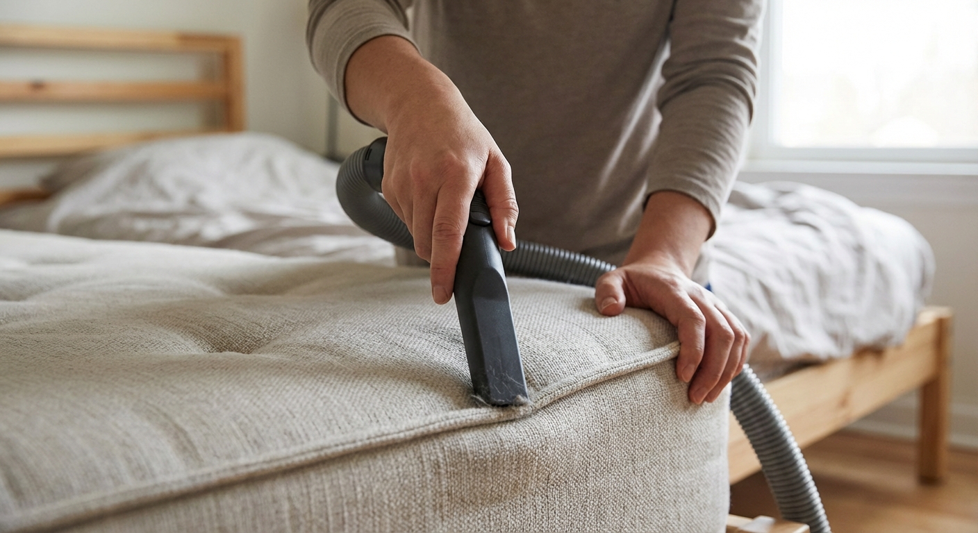 A person vacuuming the seams of a mattress using a crevice tool