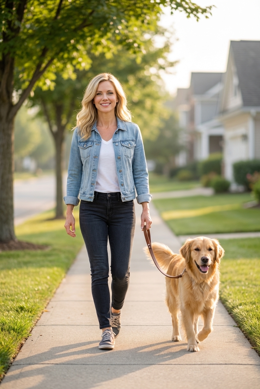 A person walking a dog on a leash along a quiet neighborhood sidewalk in soft morning light, realistic photography